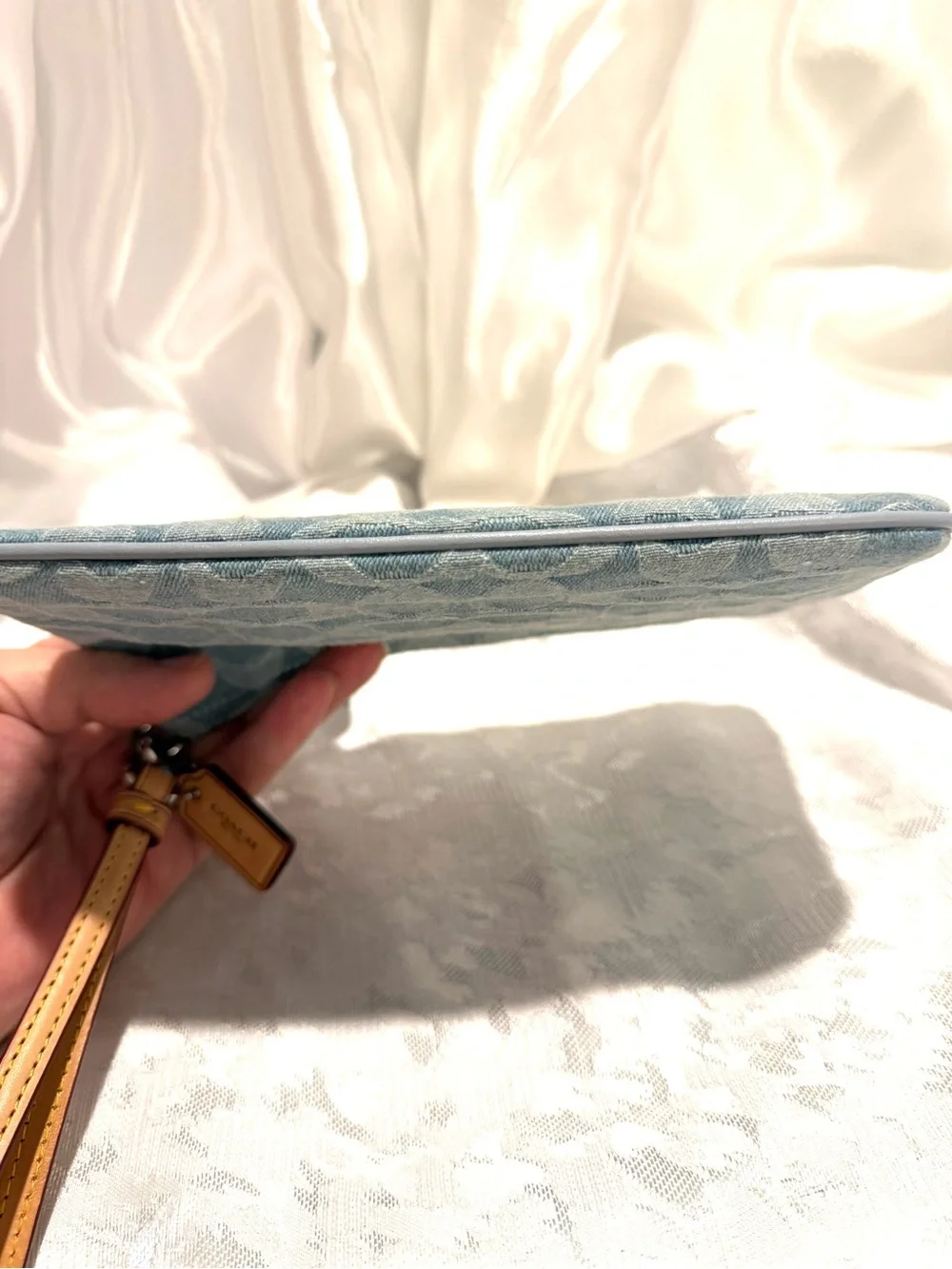 Coach Denim Wristlet with Tan Leather Strap CJ874